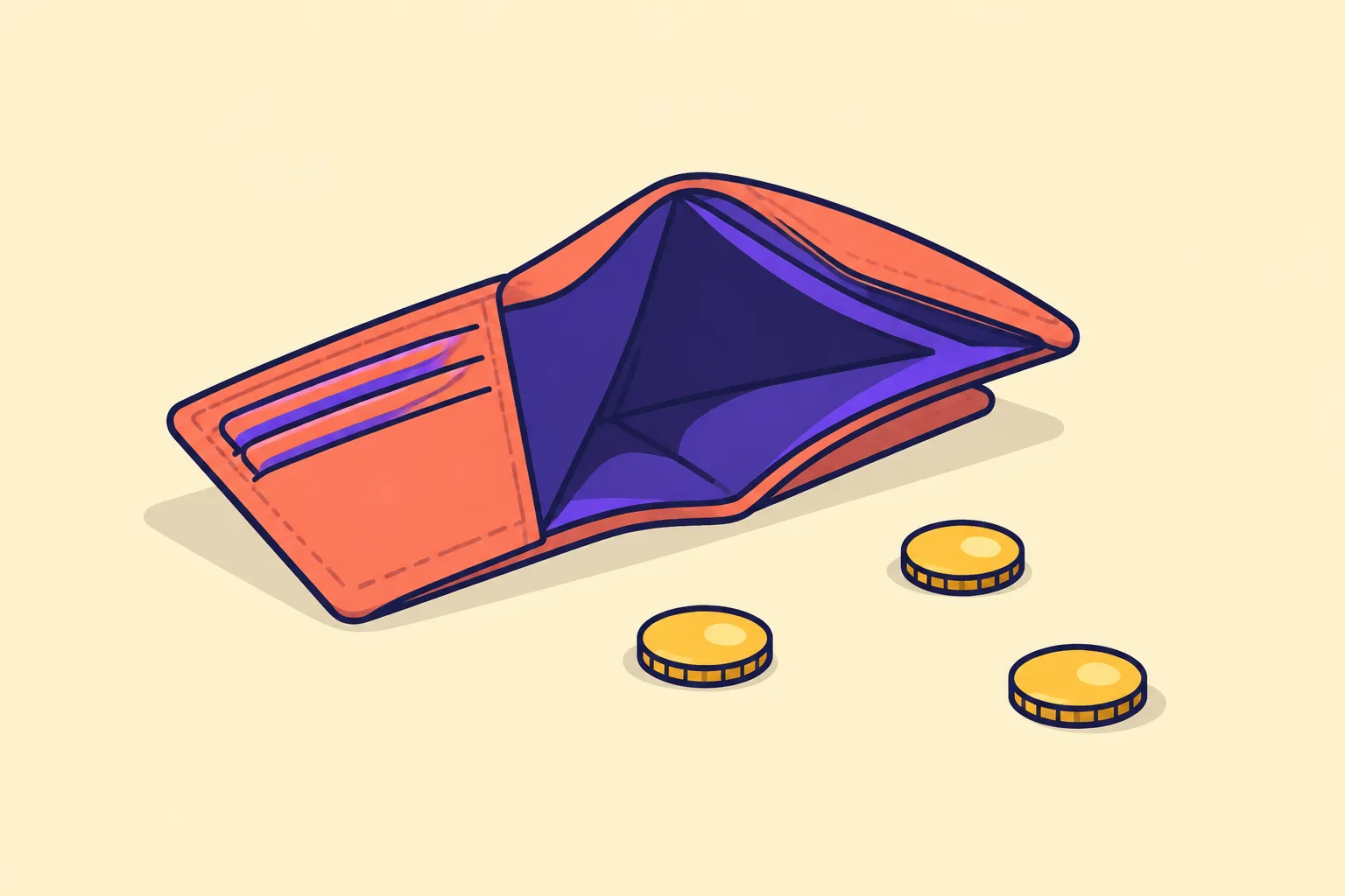 A cracked empty wallet with a few scattered coins
