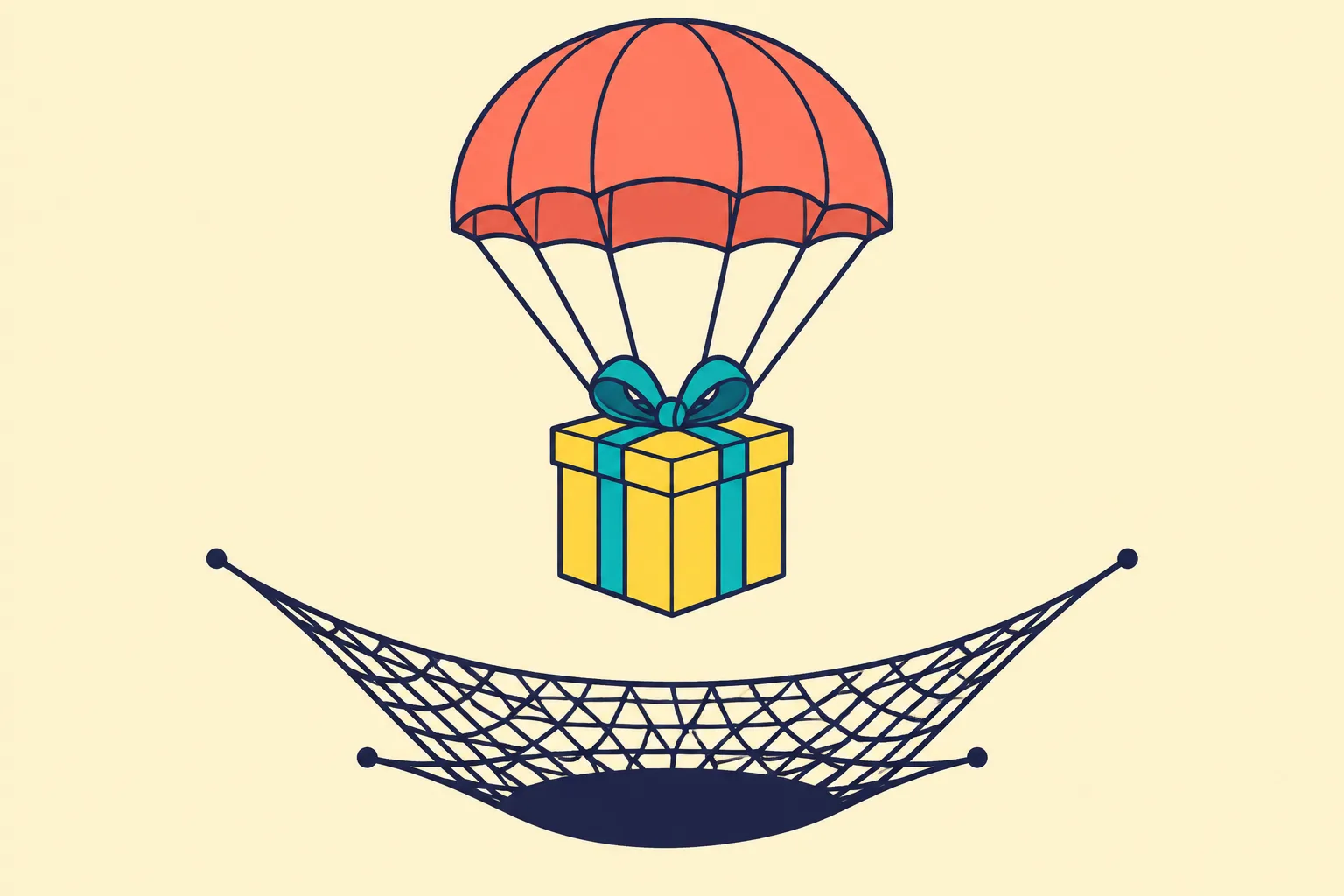 A gift box on a parachute descending toward a hidden dark net
