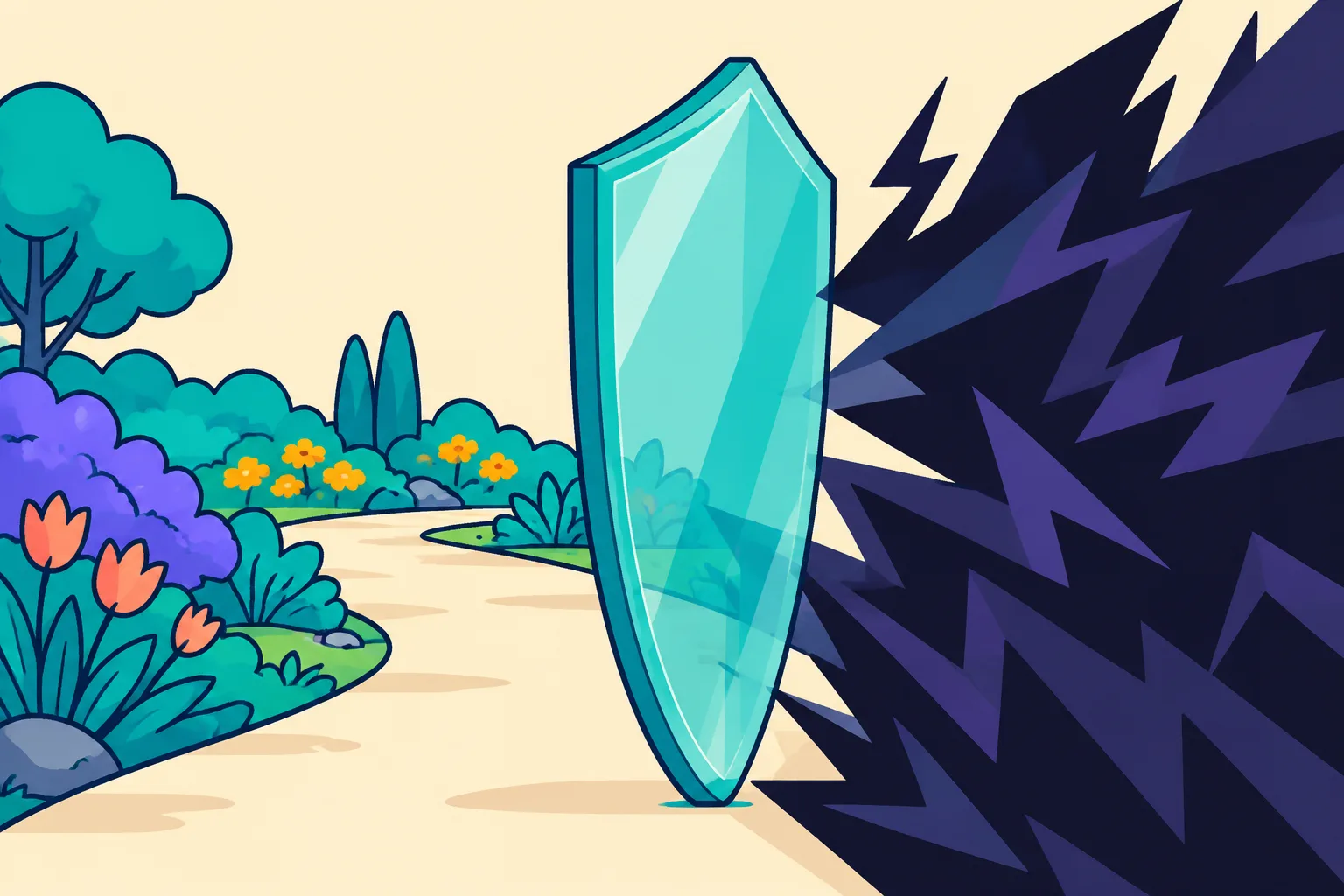 A translucent shield separating a calm lit path from pressing dark shadow shapes