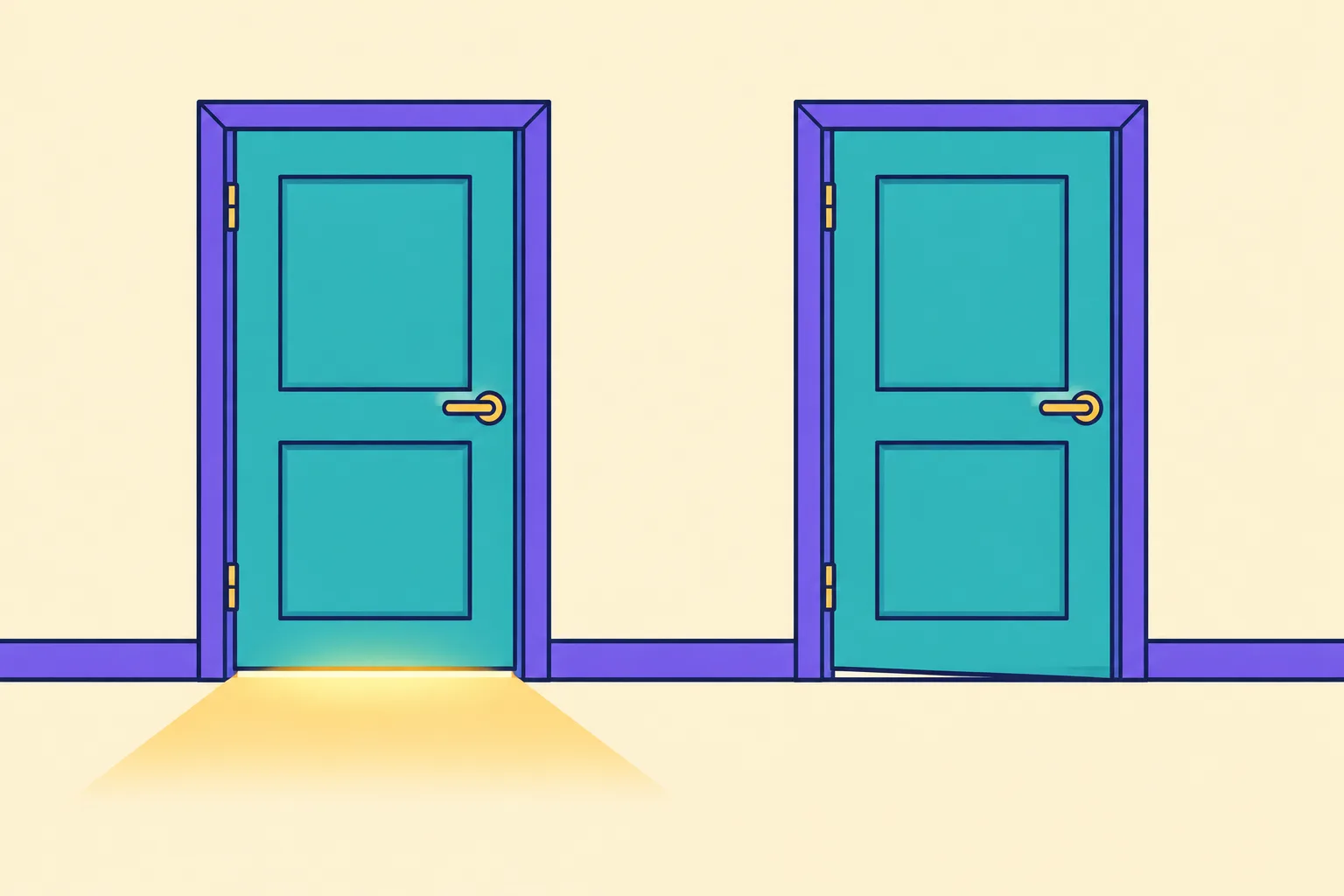 Two identical doors, one with warm light beneath the gap and one dark