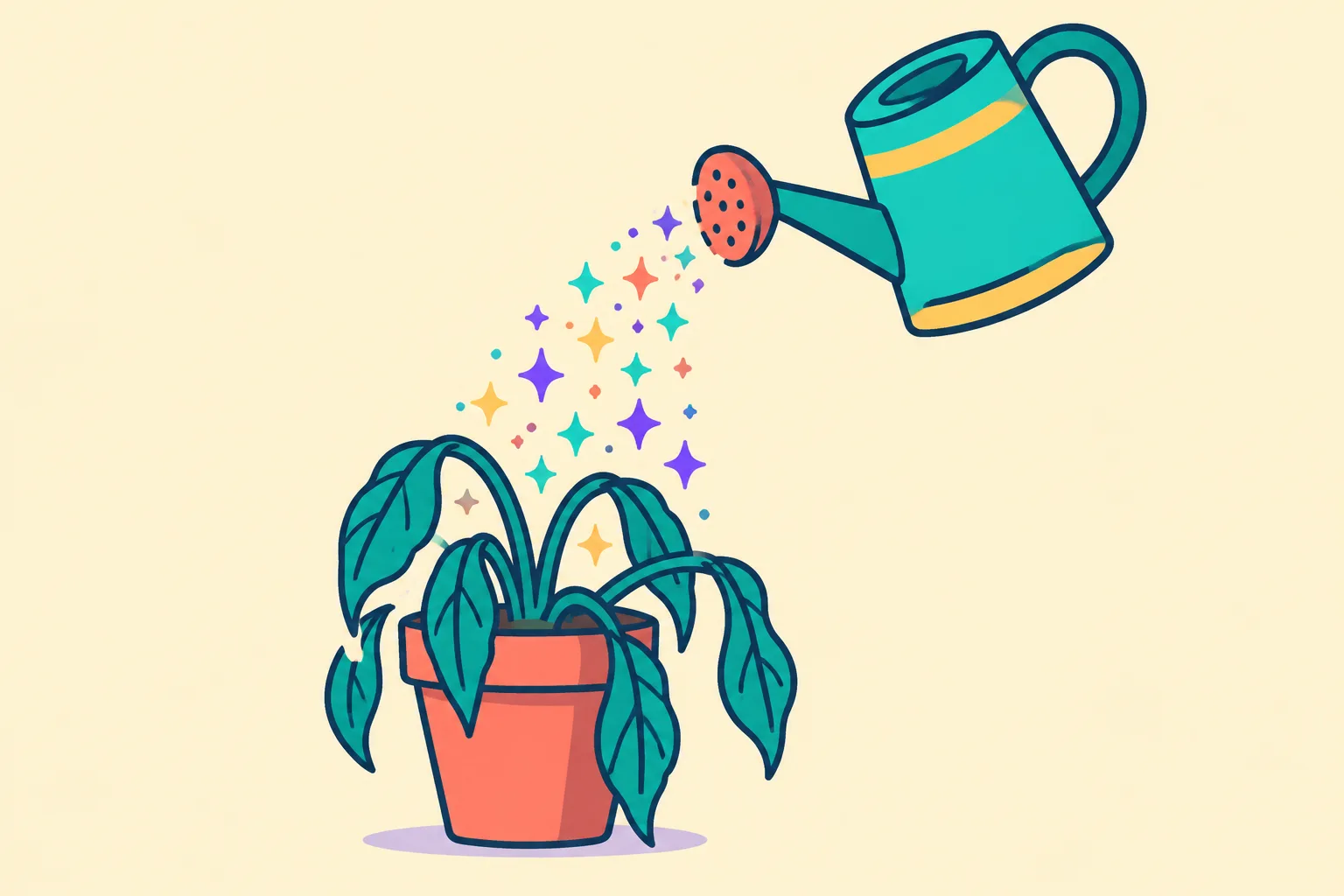 A wilting potted plant beneath a watering can pouring sparkles