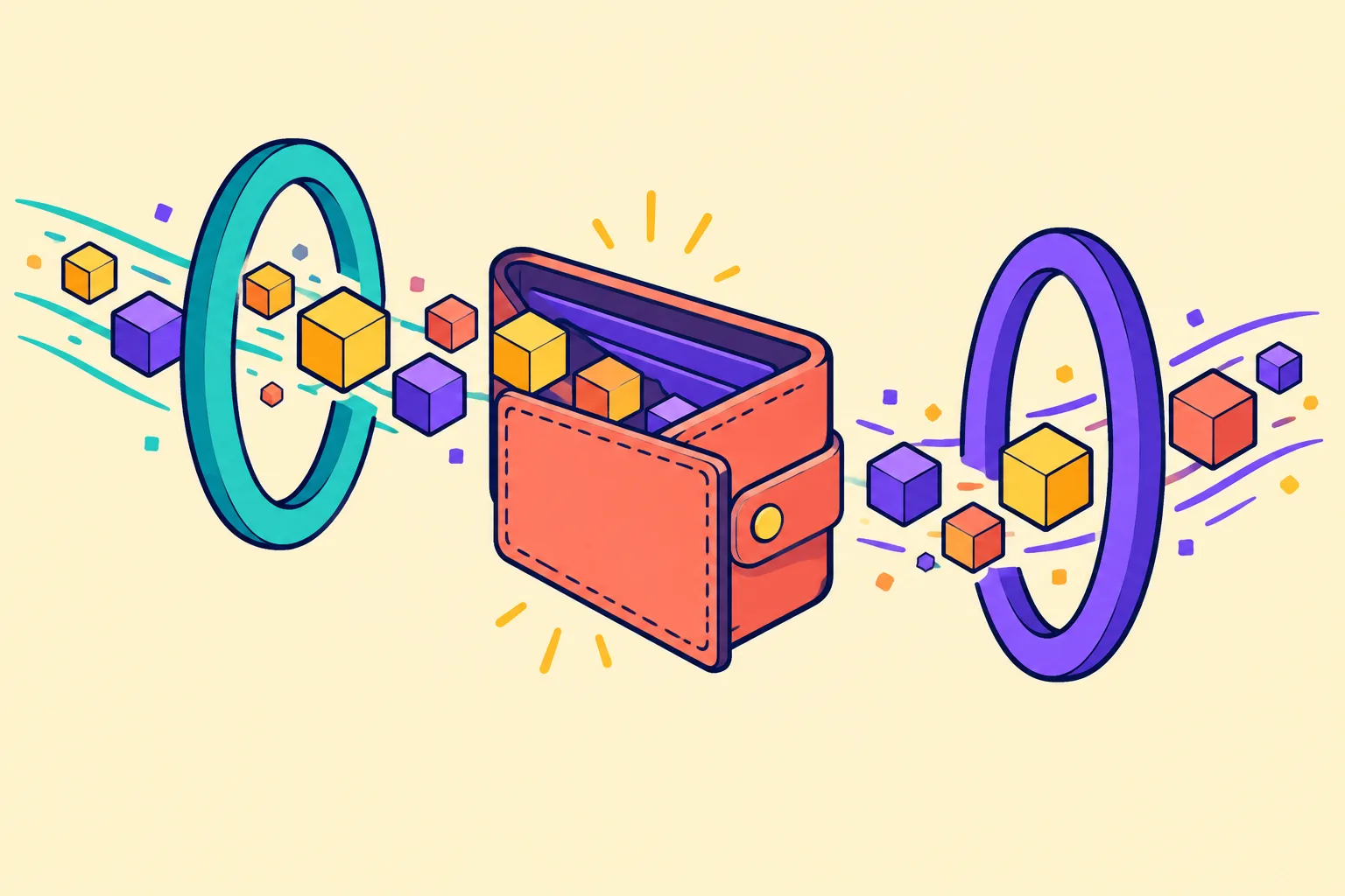 Cubes streaming in and out of an open wallet through two coloured hoops