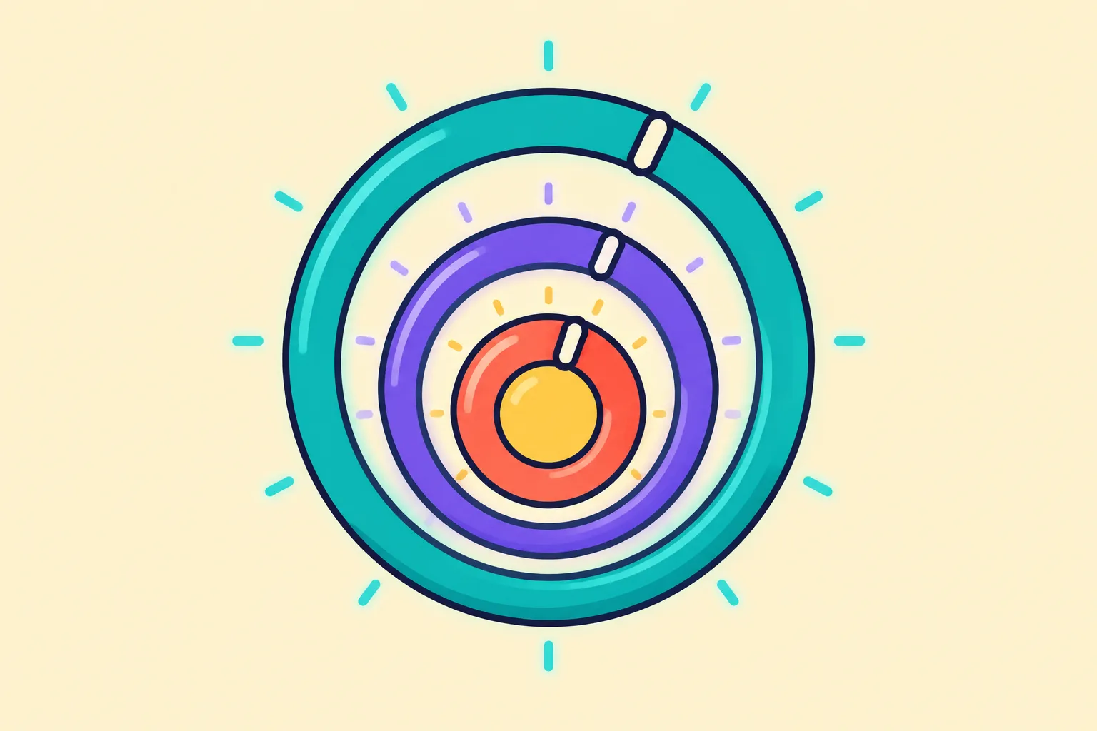 Three nested glowing dials with pointer ticks, like ripples