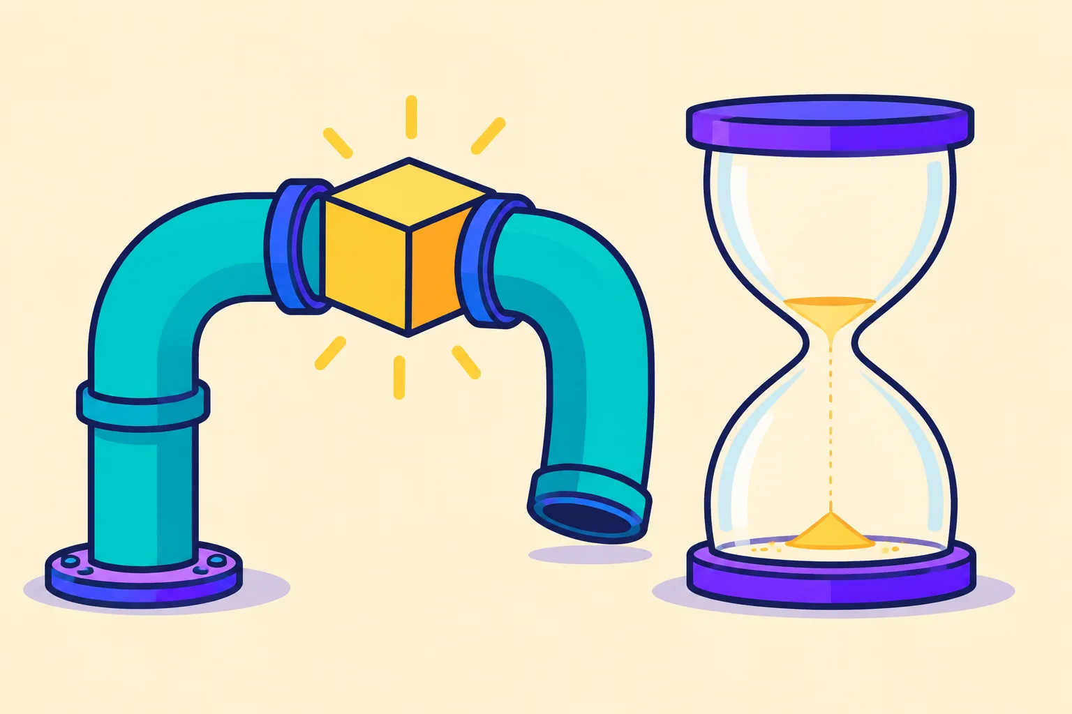 A glowing cube stalled mid-pipe beside an hourglass