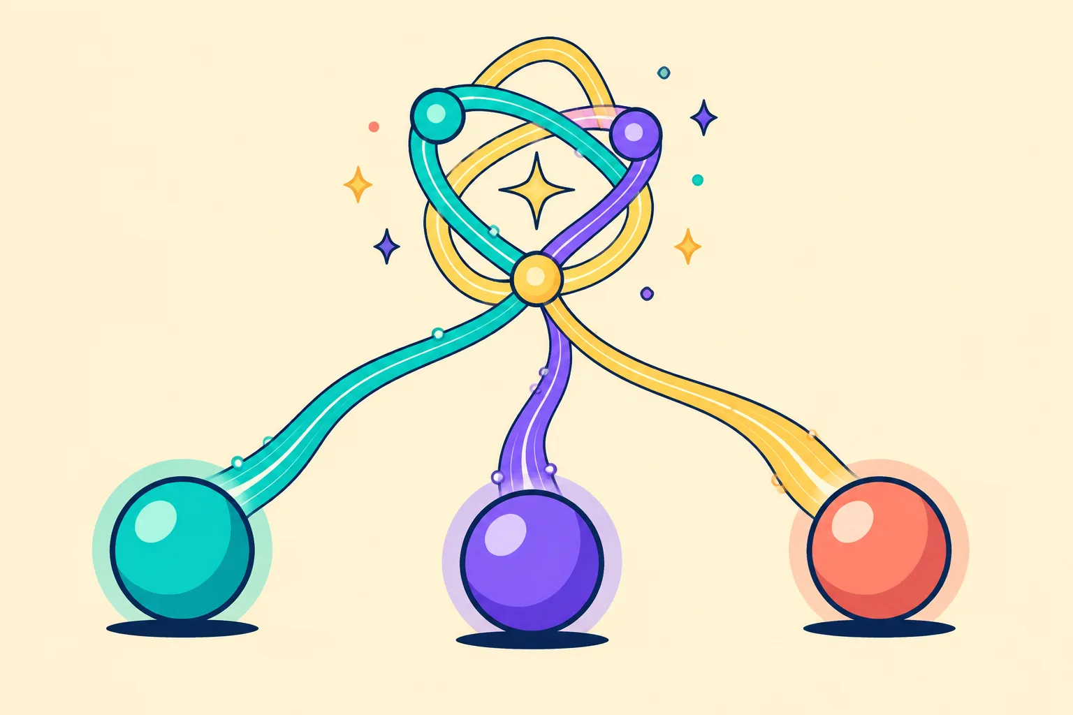 Three orbs weaving strands of light into one tidy constellation