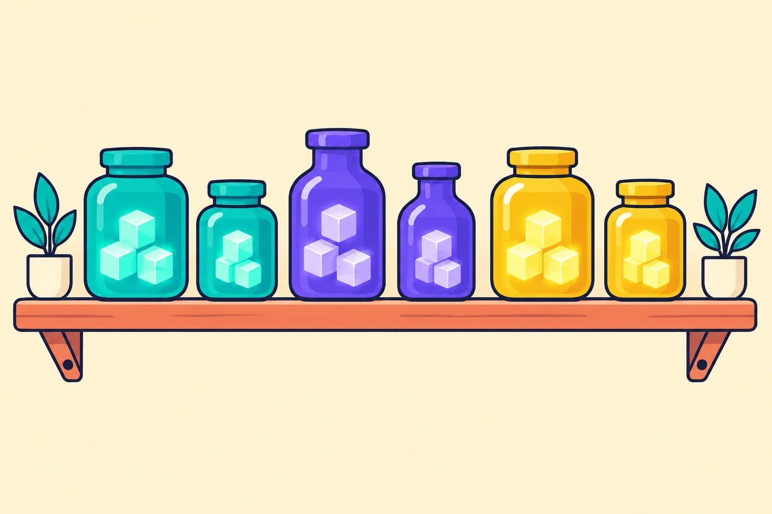 A tidy shelf of colour-coded glass jars each holding glowing cubes