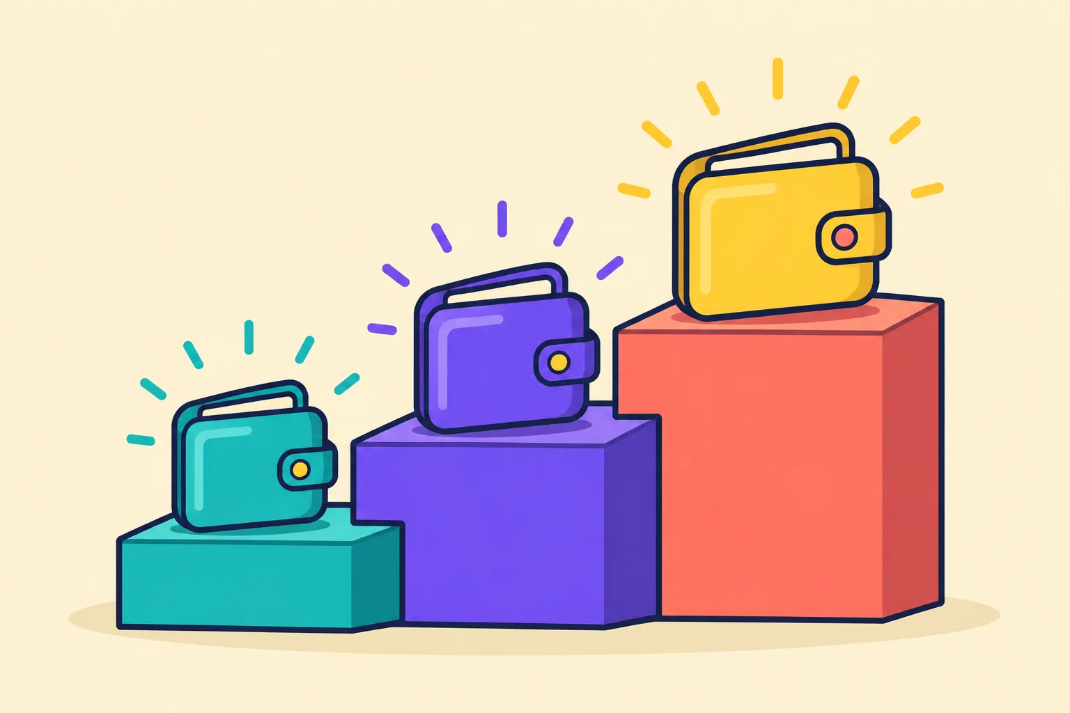 Three glowing wallets of increasing size on ascending steps