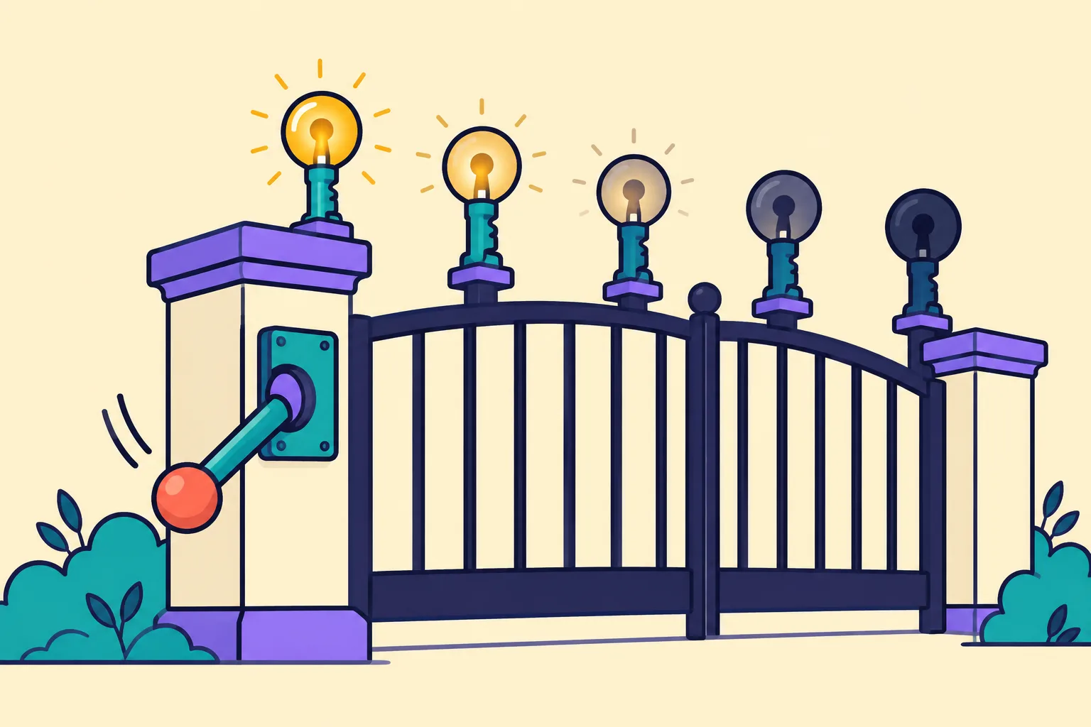 A large lever switching off a gate of key-shaped lamps