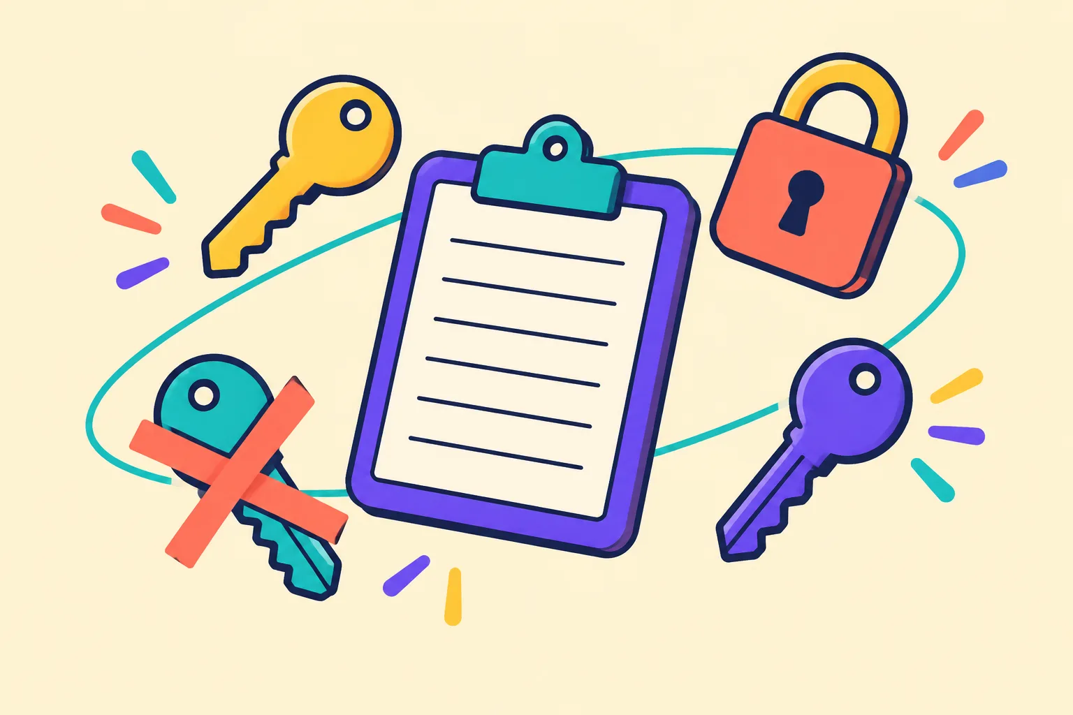A blank clipboard orbited by keys and a padlock, one key crossed by an X ribbon