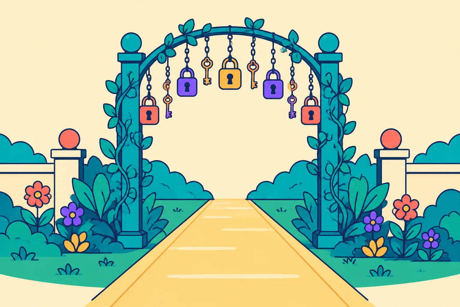 A gate hung with keys and padlocks with one clear glowing path through