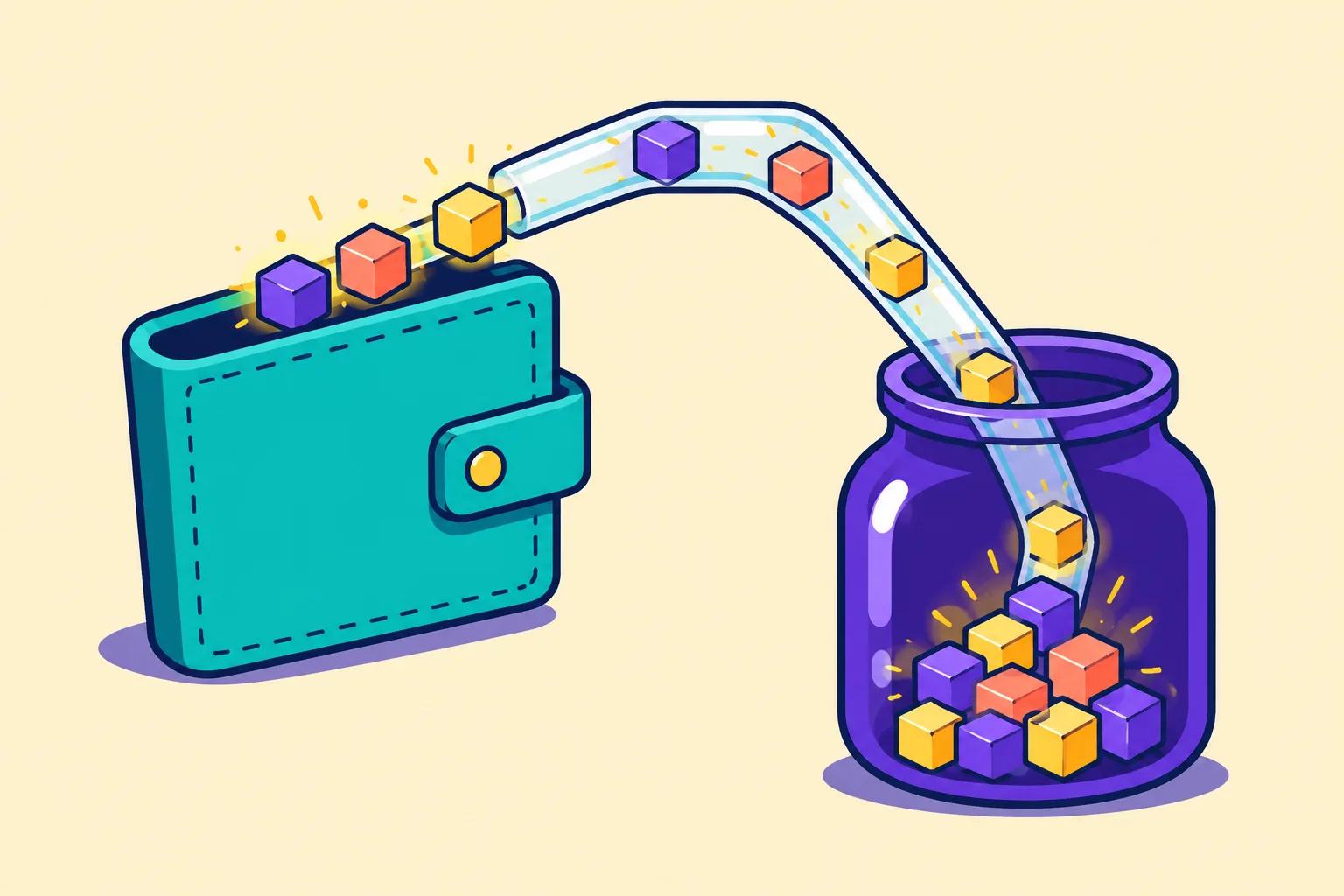 Glowing cubes siphoned out of a bright wallet through a bent glass straw into a dark jar