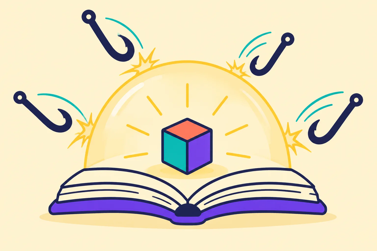 An open book emitting a dome of light that shelters a token cube from dark hooks