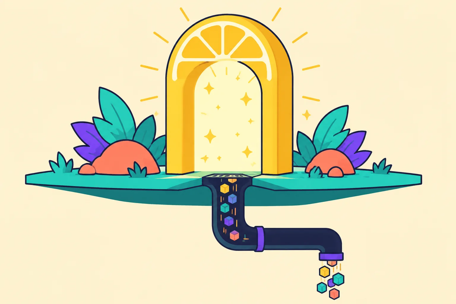 A glowing portal arch hiding a dark siphon tube beneath its threshold