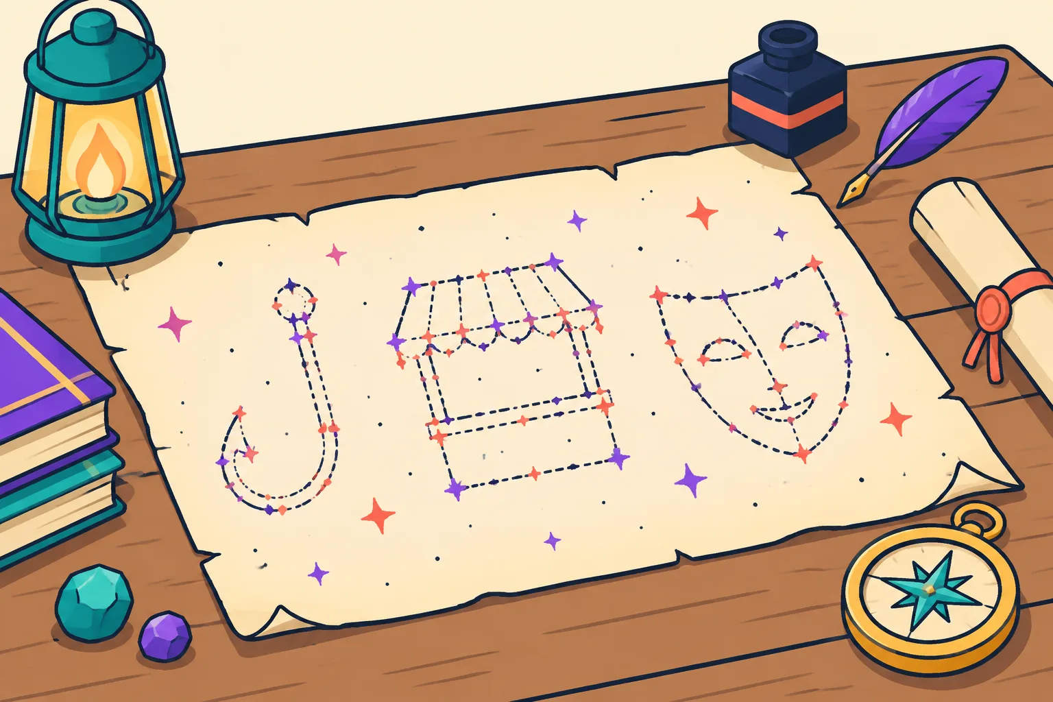 A star map with constellations tracing a hook, a crooked stall and a mask