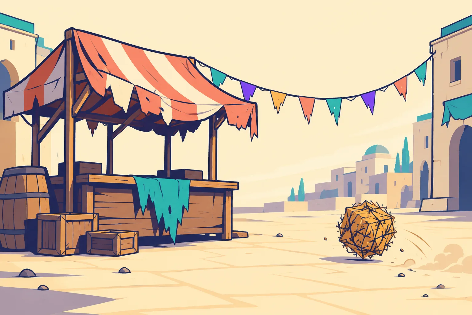An abandoned market stall with faded bunting and a cube tumbleweed