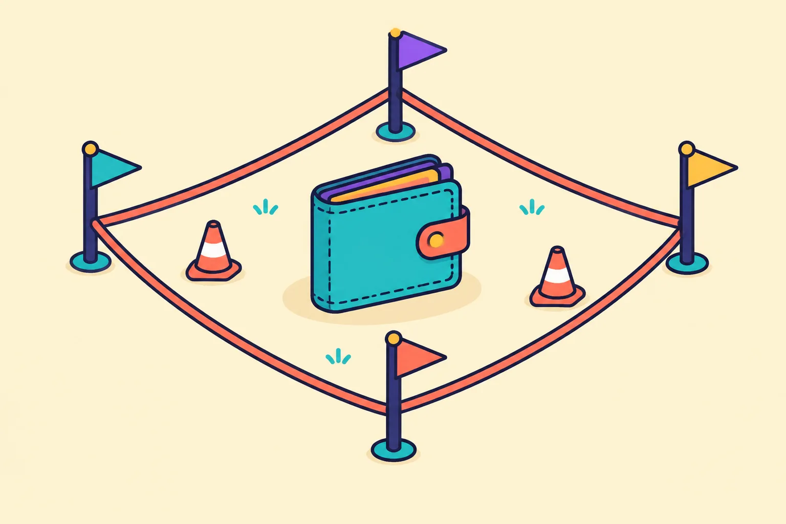 A small practice wallet inside a roped-off training square with safety cones