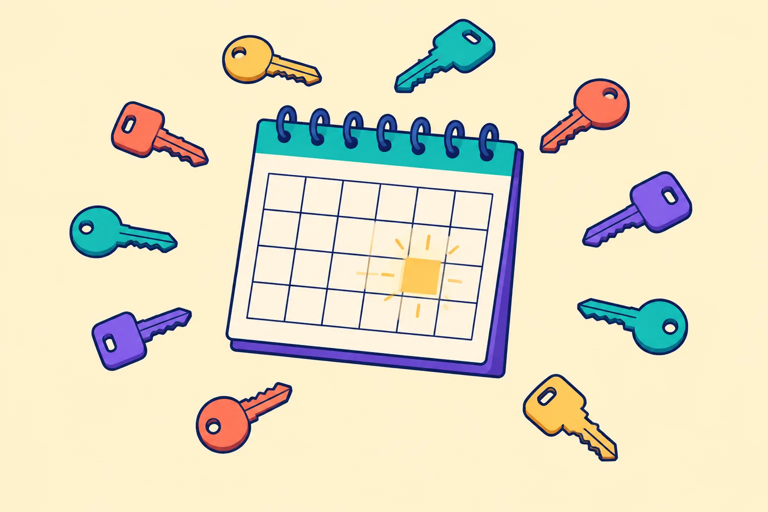 A blank calendar encircled by keys with one date square glowing