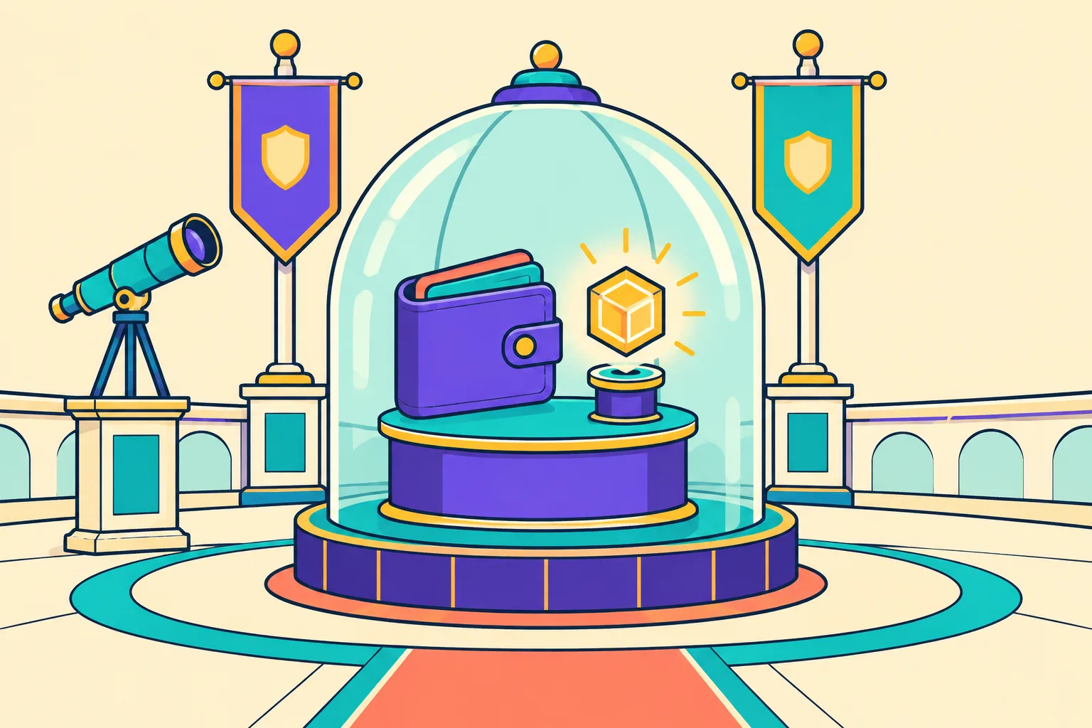 A translucent dome shielding a wallet and token cube on a museum pedestal