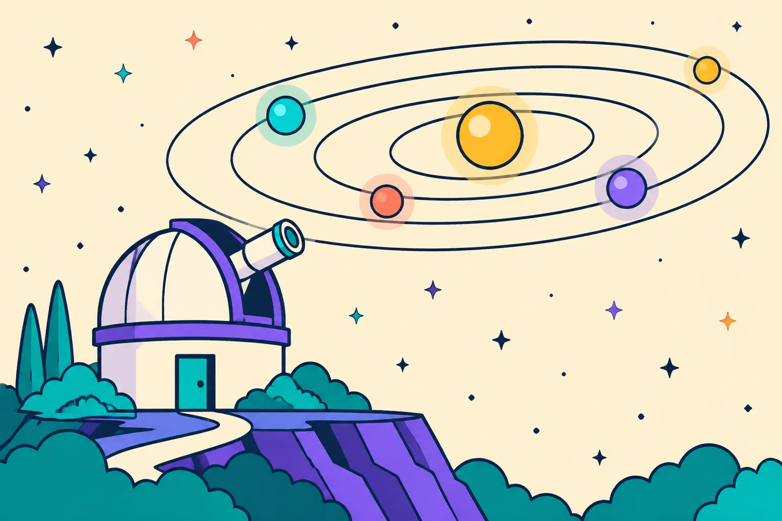 An observatory telescope watching glowing asset orbs trace slow orbits