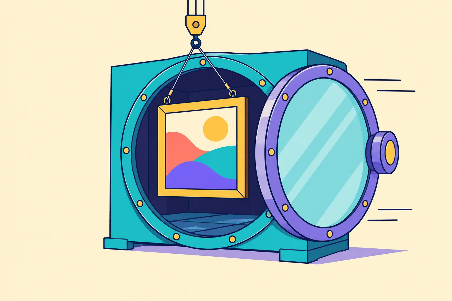 A framed artwork lowered by hoist ropes into a vault as the door slides shut