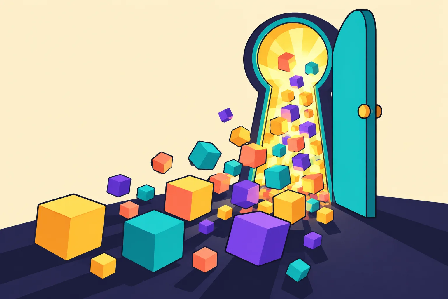 Glowing cubes flooding out through a wide-open keyhole-shaped doorway