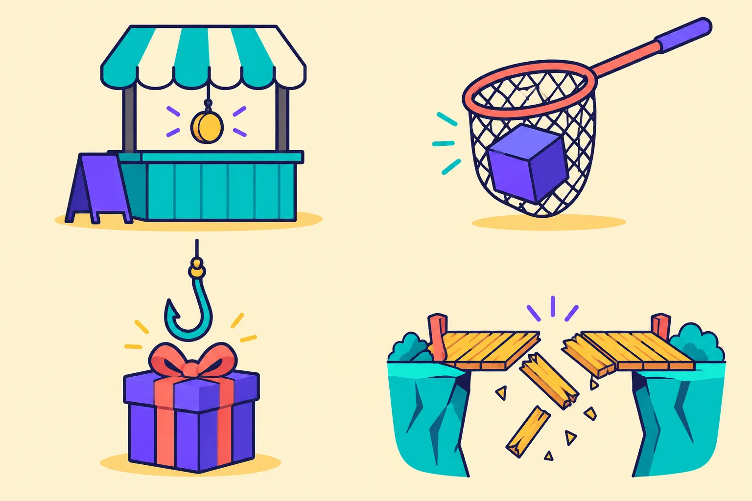 Four vignette panels showing a baited booth, a netted token, a hooked gift and a collapsing bridge