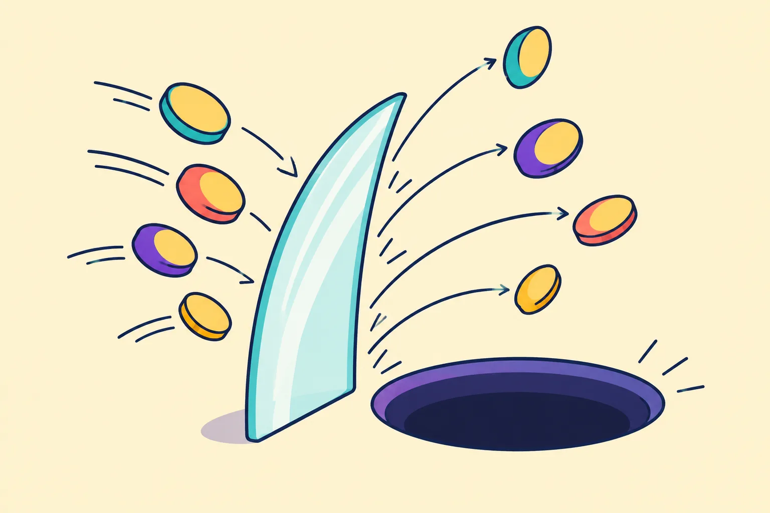Coins bouncing off a curved glass barrier away from a dark hole