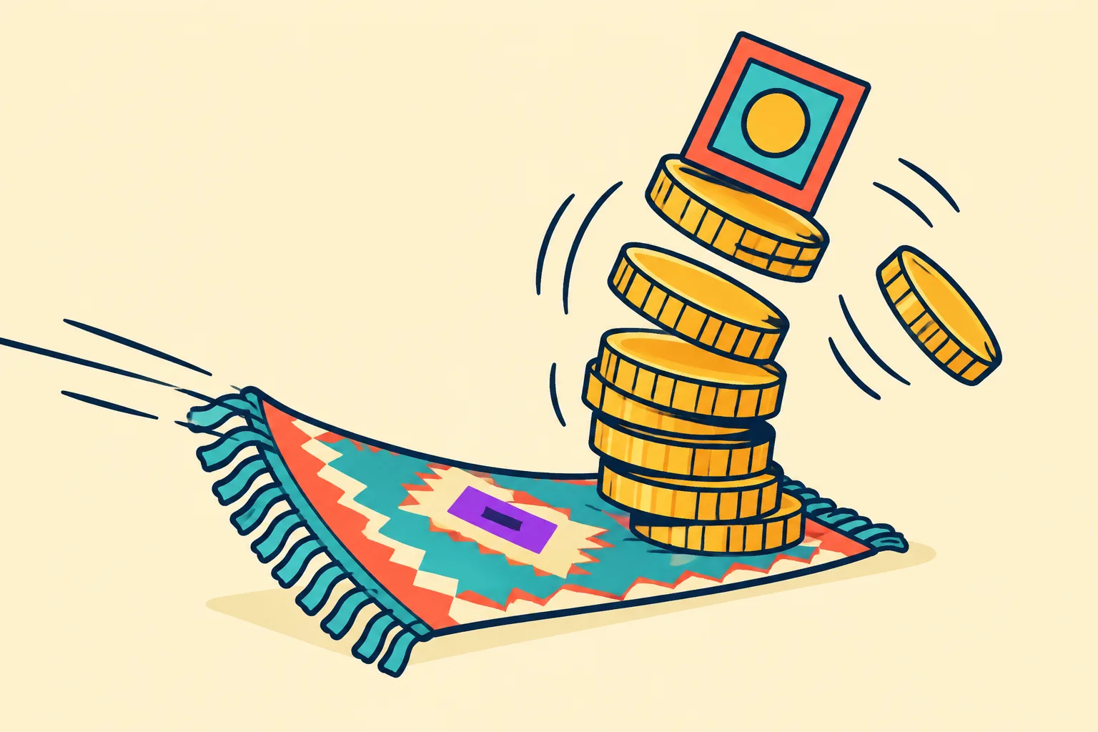 A rug being pulled from beneath a teetering stack of coins and a small framed token