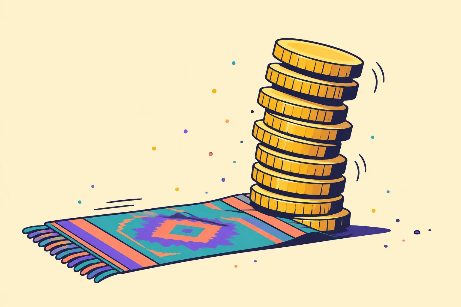 A rug sliding slowly from under a gradually leaning tower of coins