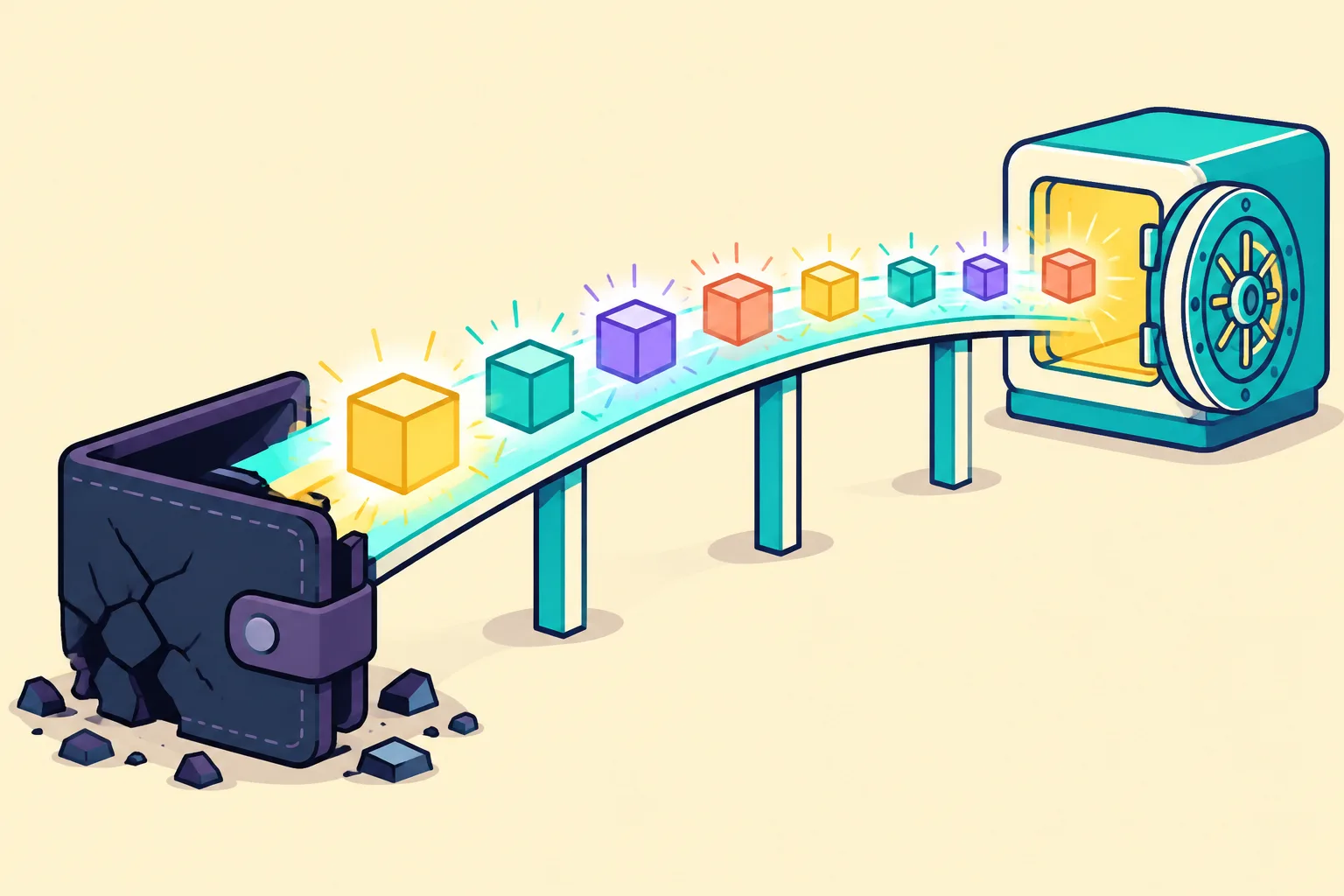 Cubes streaming along a light bridge from a cracked wallet into a clean vault