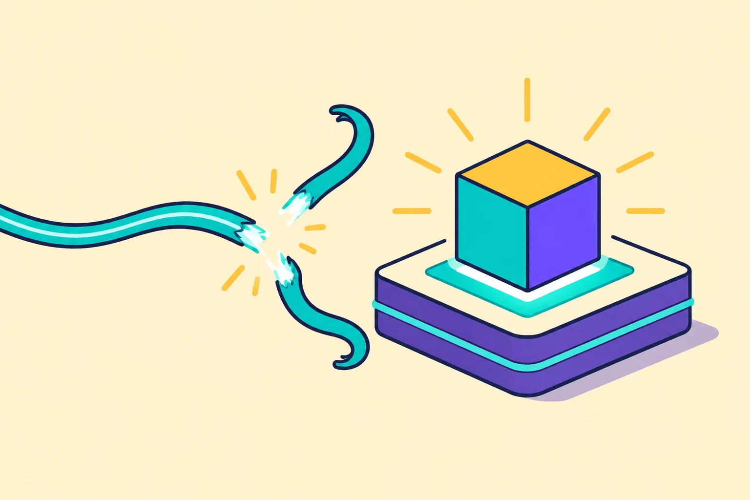 A light thread snapping as an asset cube reaches a safe platform