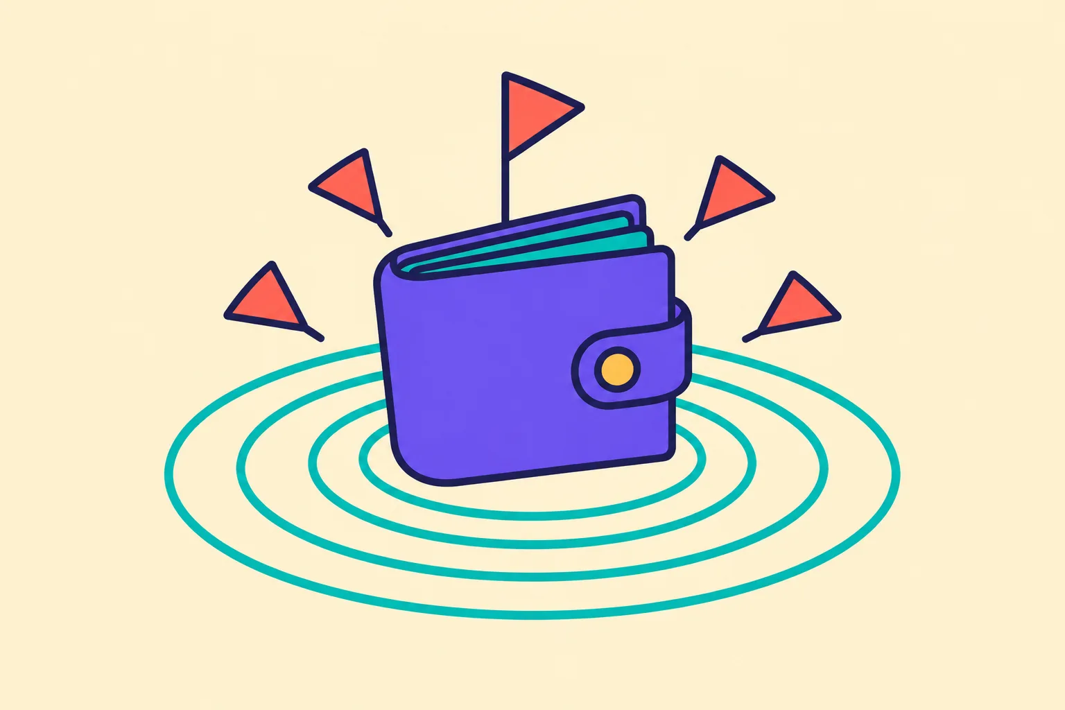 A wallet emitting anomaly ripples surrounded by small alert pennants