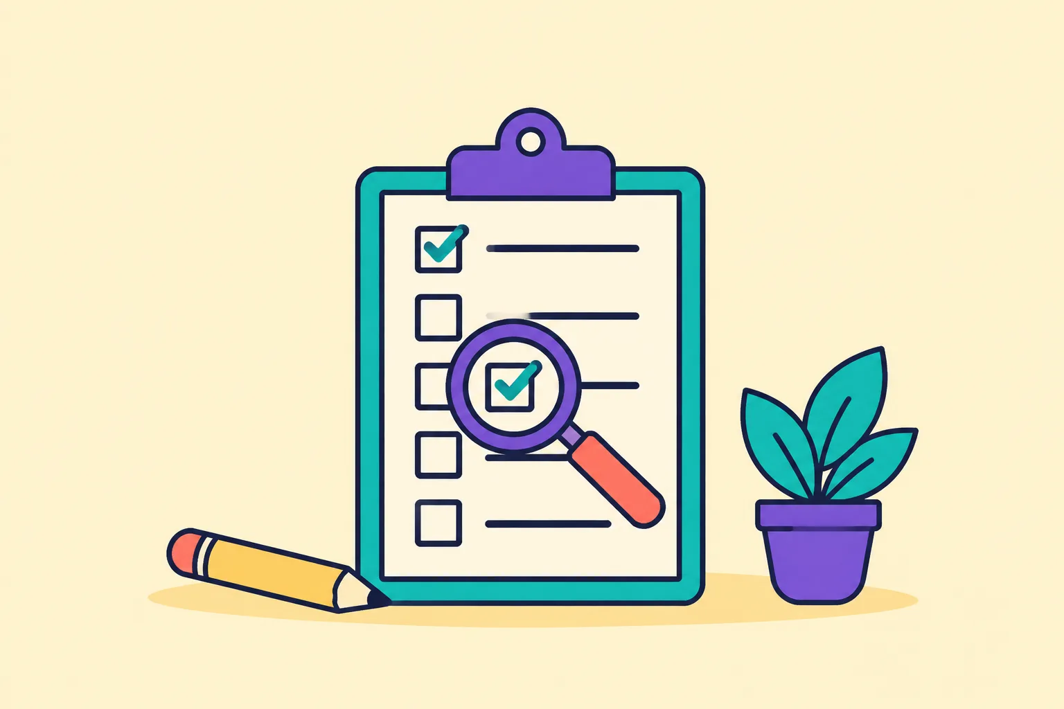 Illustrated due-diligence checklist panel with blank checkboxes and a magnifier
