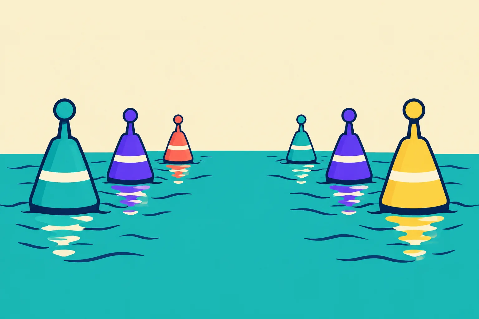 Illustration of evaluating NFT projects as a row of differently-toned buoys marking lanes