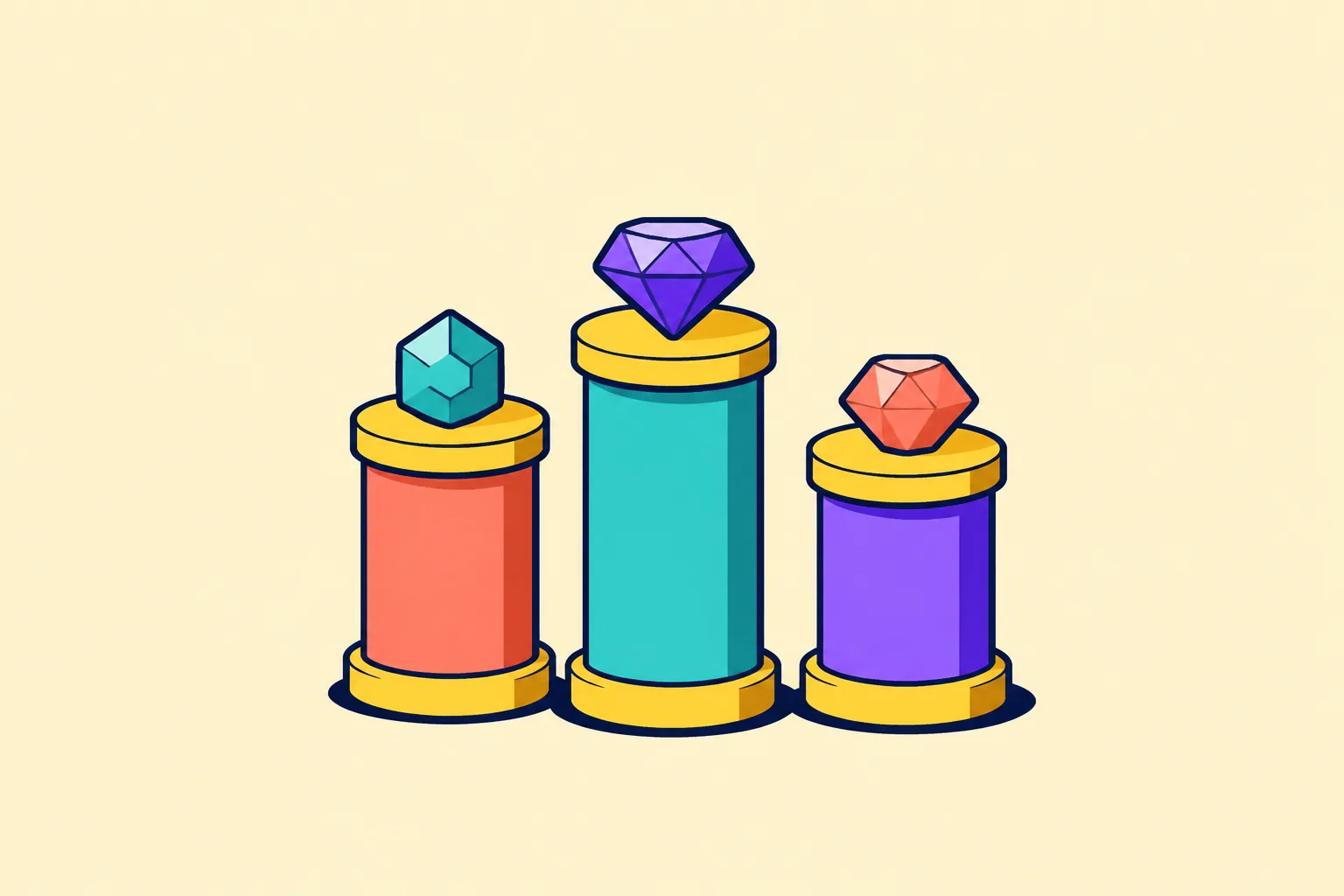 Illustration of ranking NFT projects as gems on pedestals of slightly different heights