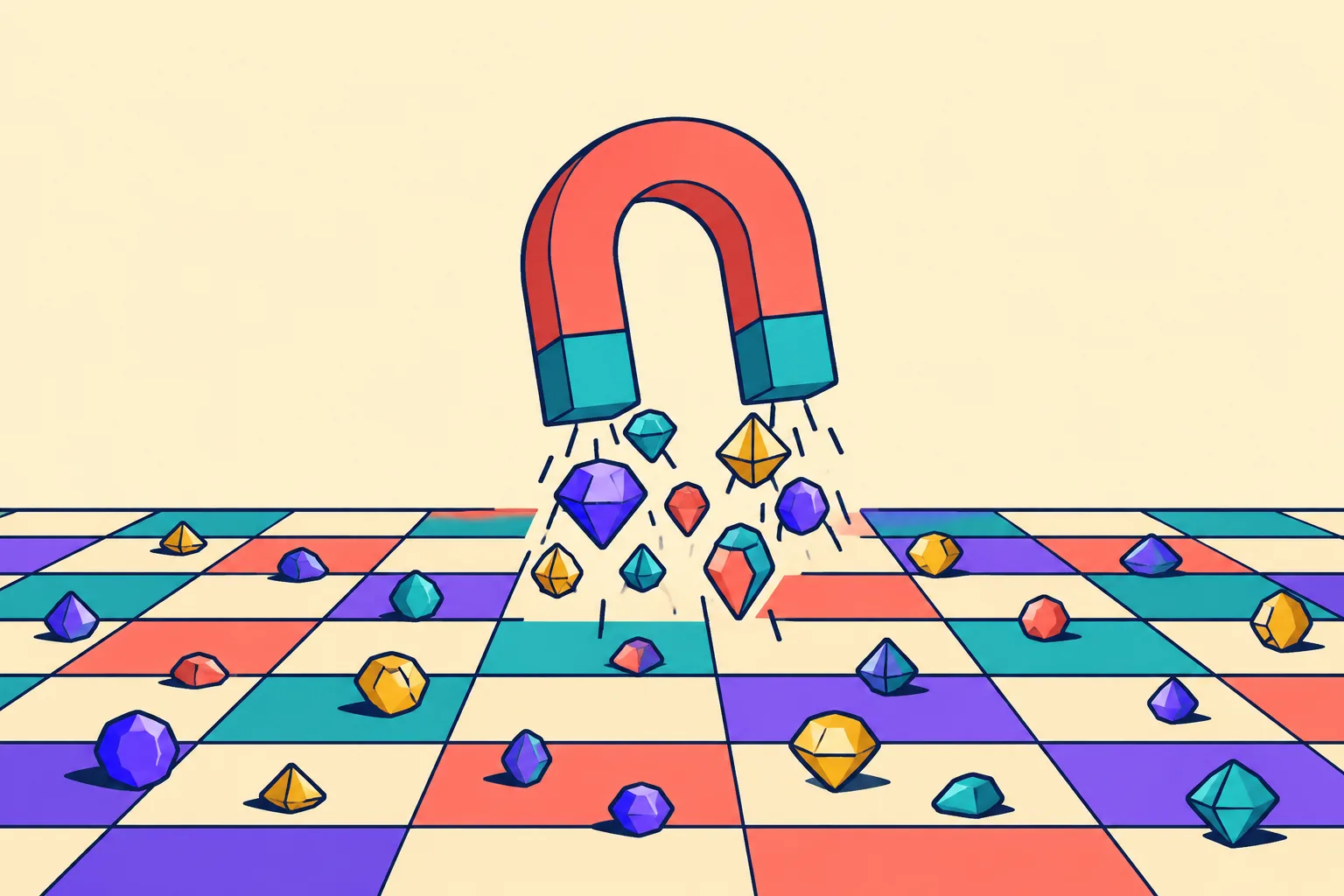 Illustration of finding undervalued NFTs as a magnet lifting gems from a floor of tiles