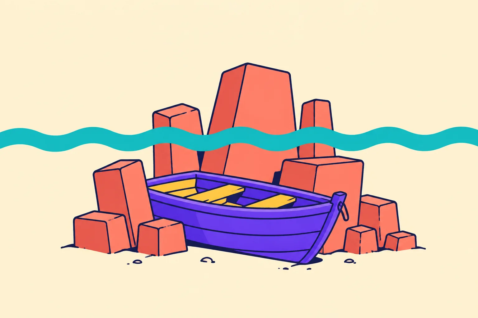 Illustration of an overvalued market shown as a high tide of blocks over a small rowboat
