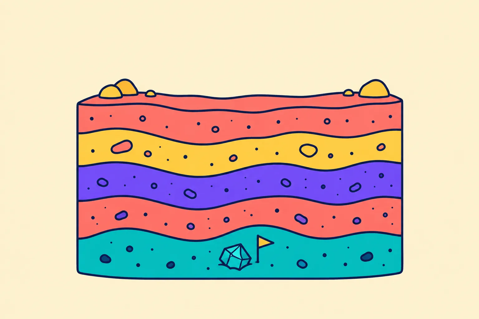 Illustration of NFT pricing depth shown as ground layers with a gem at the deepest stratum