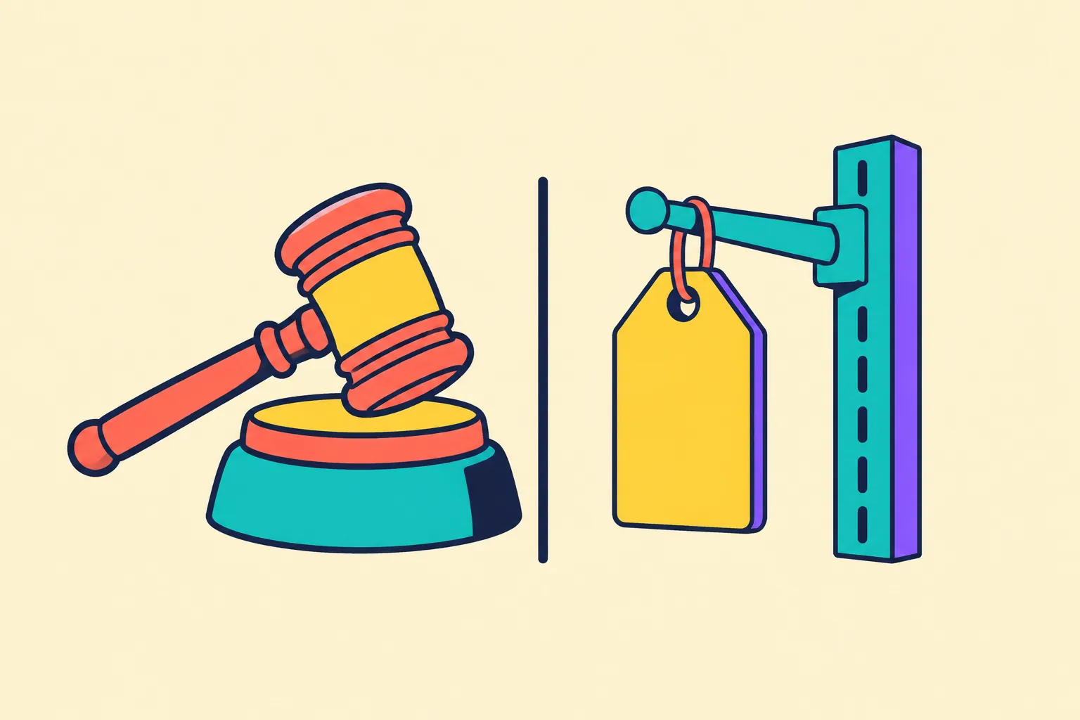 Illustration comparing auction and fixed-price NFT selling shown as a gavel versus a tagged shelf