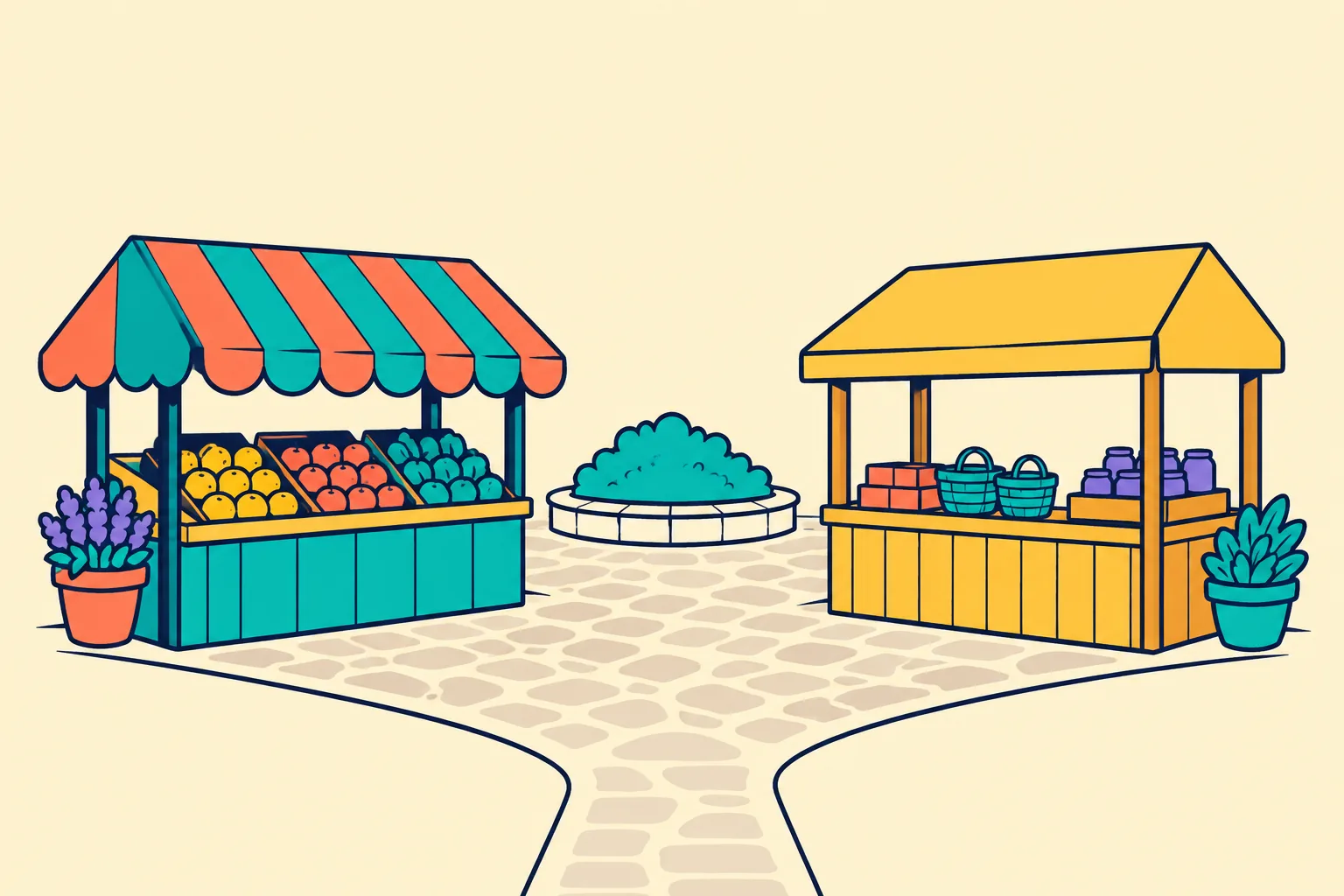 Illustration of choosing where to sell an NFT shown as two distinct market stalls