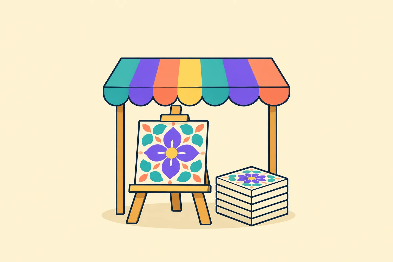 Illustration of an NFT storefront display with a featured tile on an easel