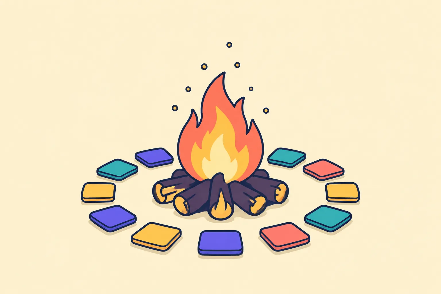 Illustration of NFT demand shown as tiles gathered around a warm campfire