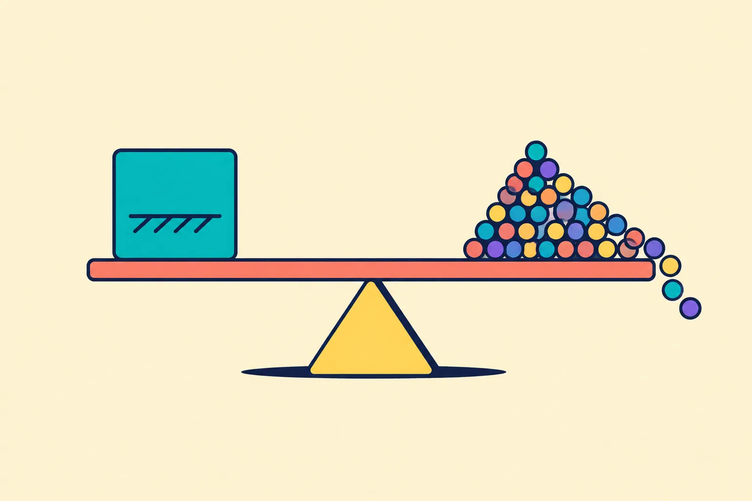 Illustration comparing NFT floor price and volume shown as a seesaw between a floor tile and streaming beads