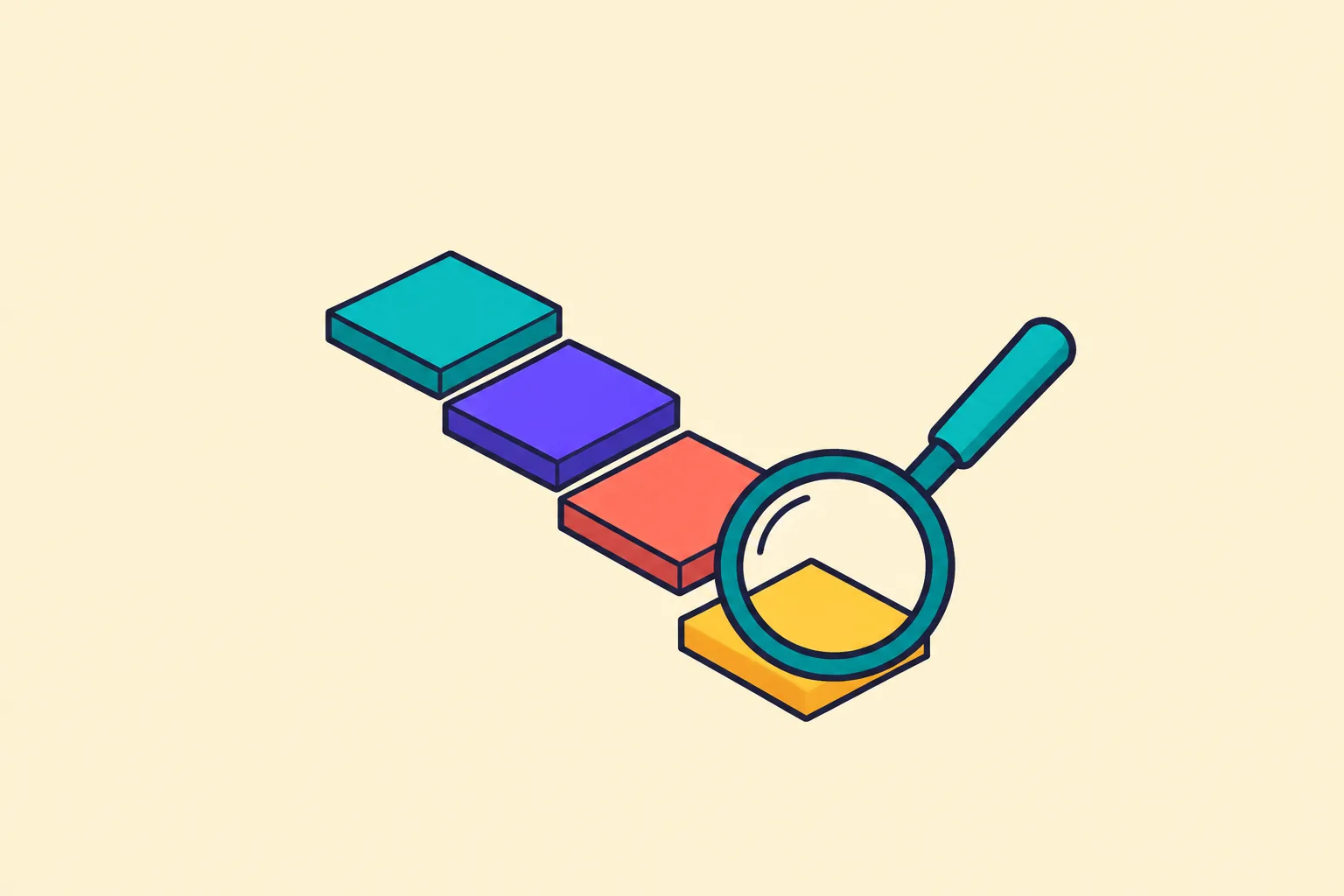 Illustration of inspecting an NFT floor price as a magnifier over the lowest step