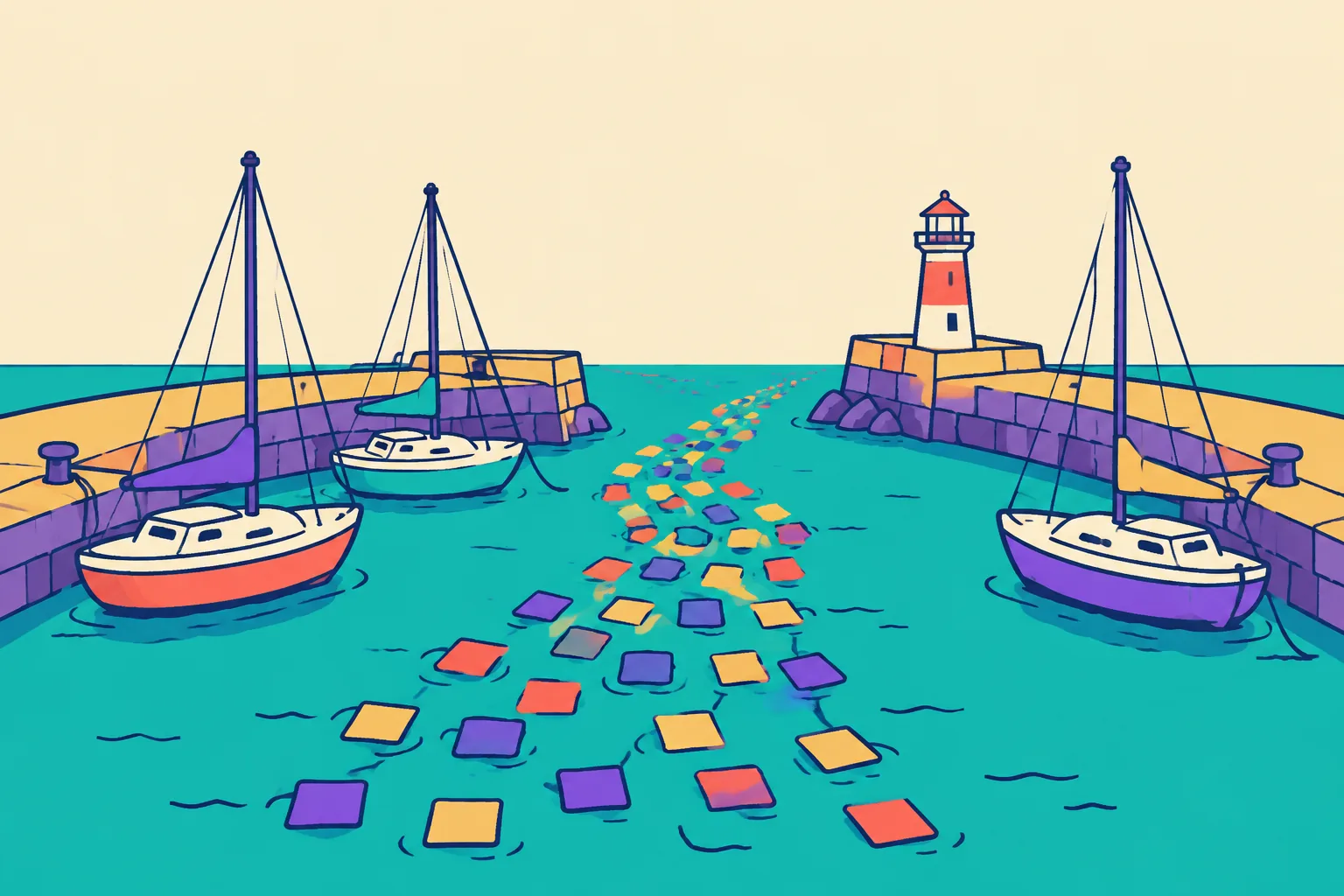Illustration of NFT trading volume as a harbor channel with a flow of tiles