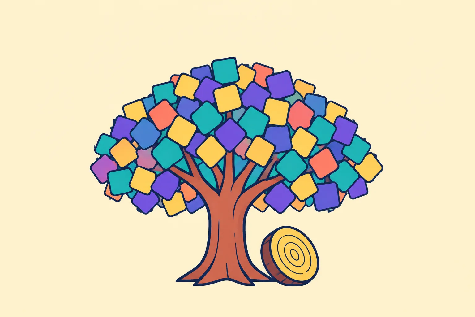 Illustration of NFT volume growth as a tree with leaf-shaped tiles and visible trunk rings