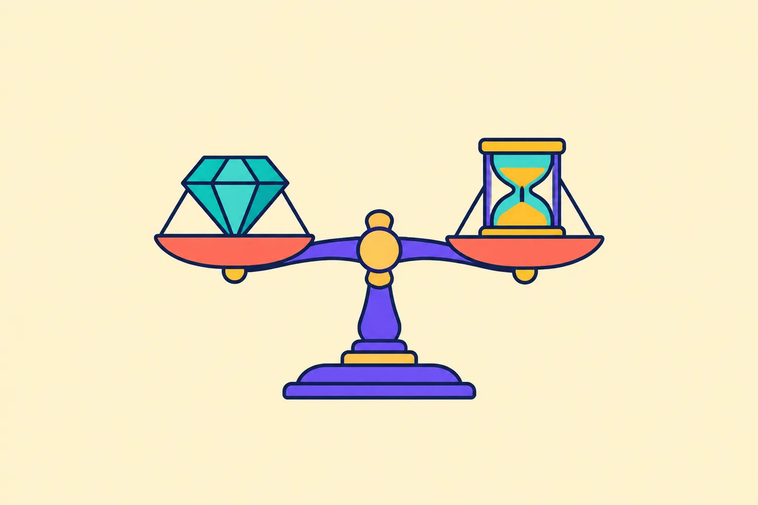 Illustration of weighing an NFT exit decision as a balanced scale with gem and hourglass