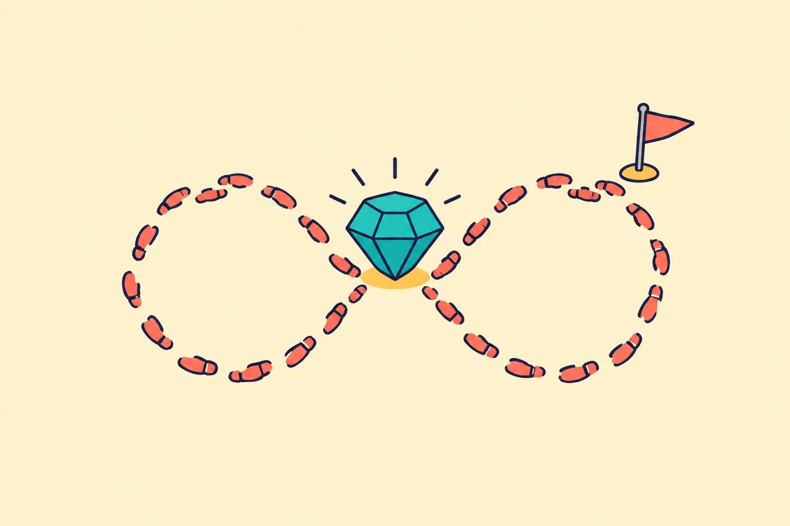 Concept illustration of resisting panic selling shown as calm footprints circling a resting gem