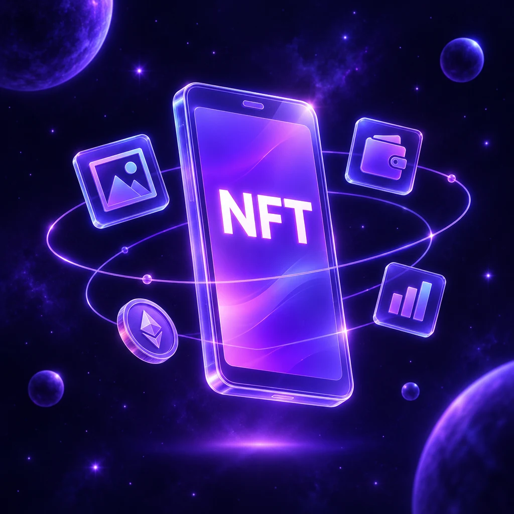 Glowing Web3 smartphone displaying NFT, orbited by artwork, wallet and chart icons over an indigo space background