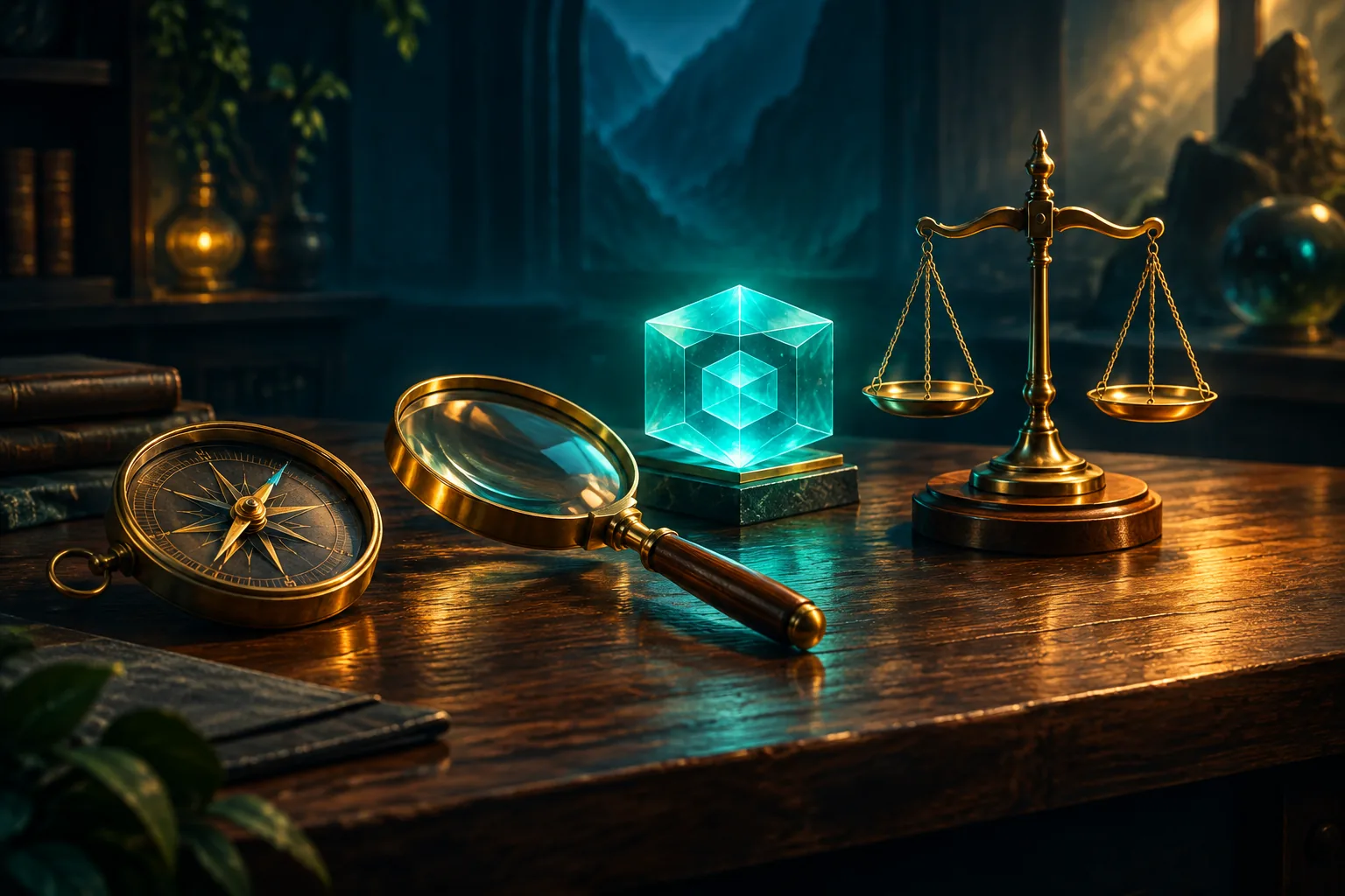 A workbench with a compass, magnifying glass, balance scale and glowing token cube — practical NFT tools